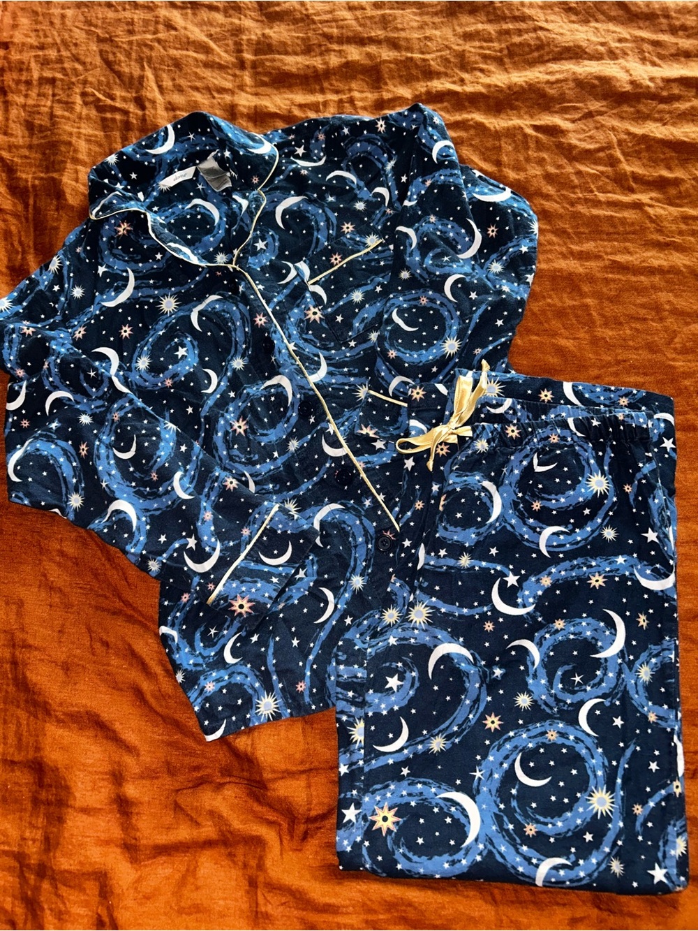 Adonna Celestial Navy Sun Moon Stars 2 Piece Long Sleeve Pajama Set Size Medium